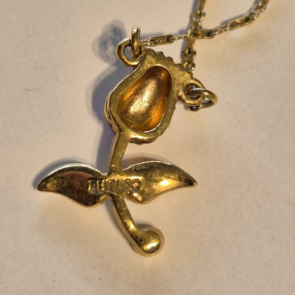 Vintage Butler Goldtone Green and Pink Sparkly Stone Tulip Necklace - Picture 4 of 8
